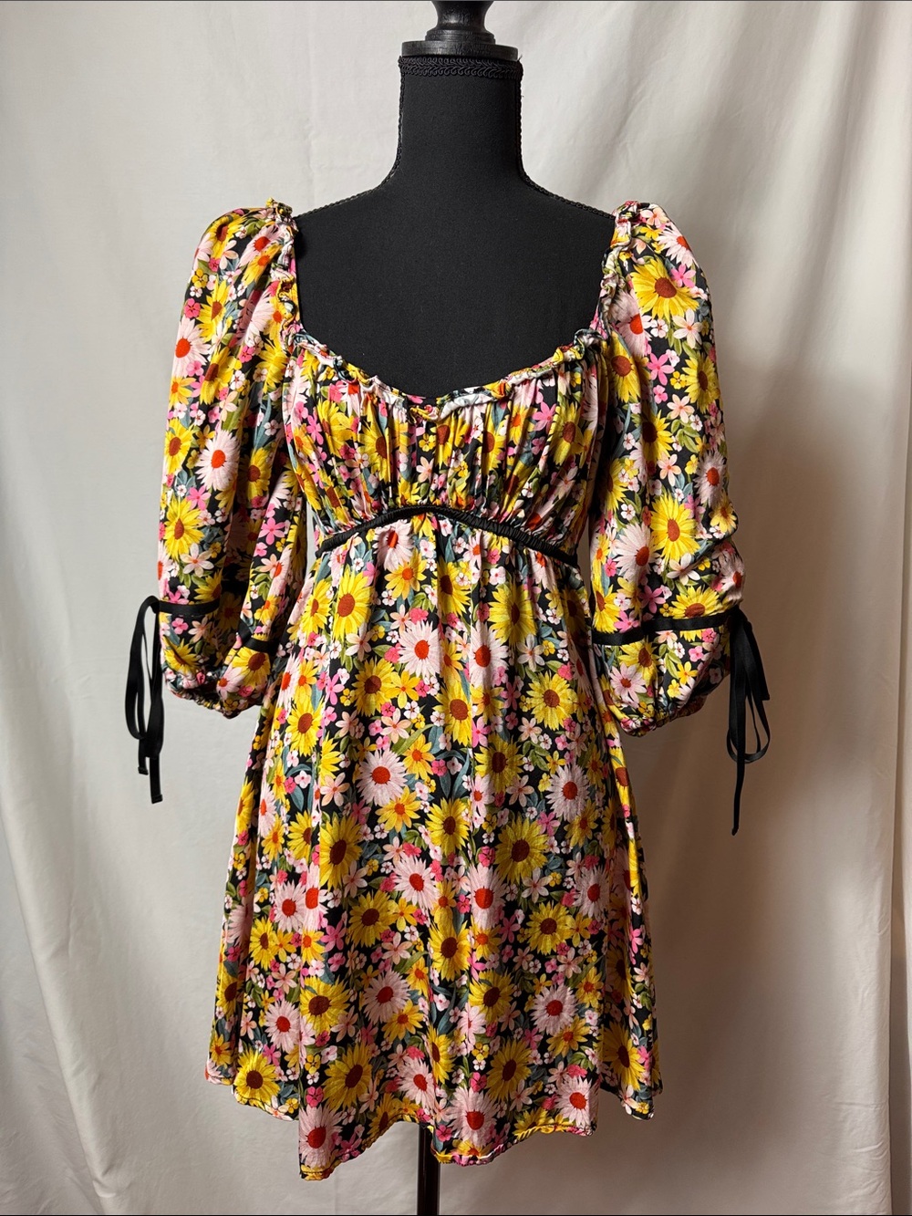 For Love & Lemons Floral Puff-Sleeve Mini Dress in Yellow, Pink & Black